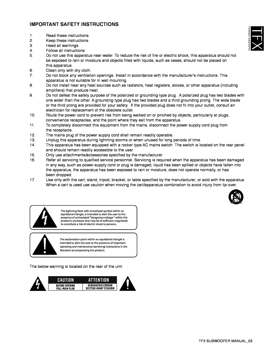 Tannoy TFX Powerd Subwoofer owner manual Important Safety Instructions 