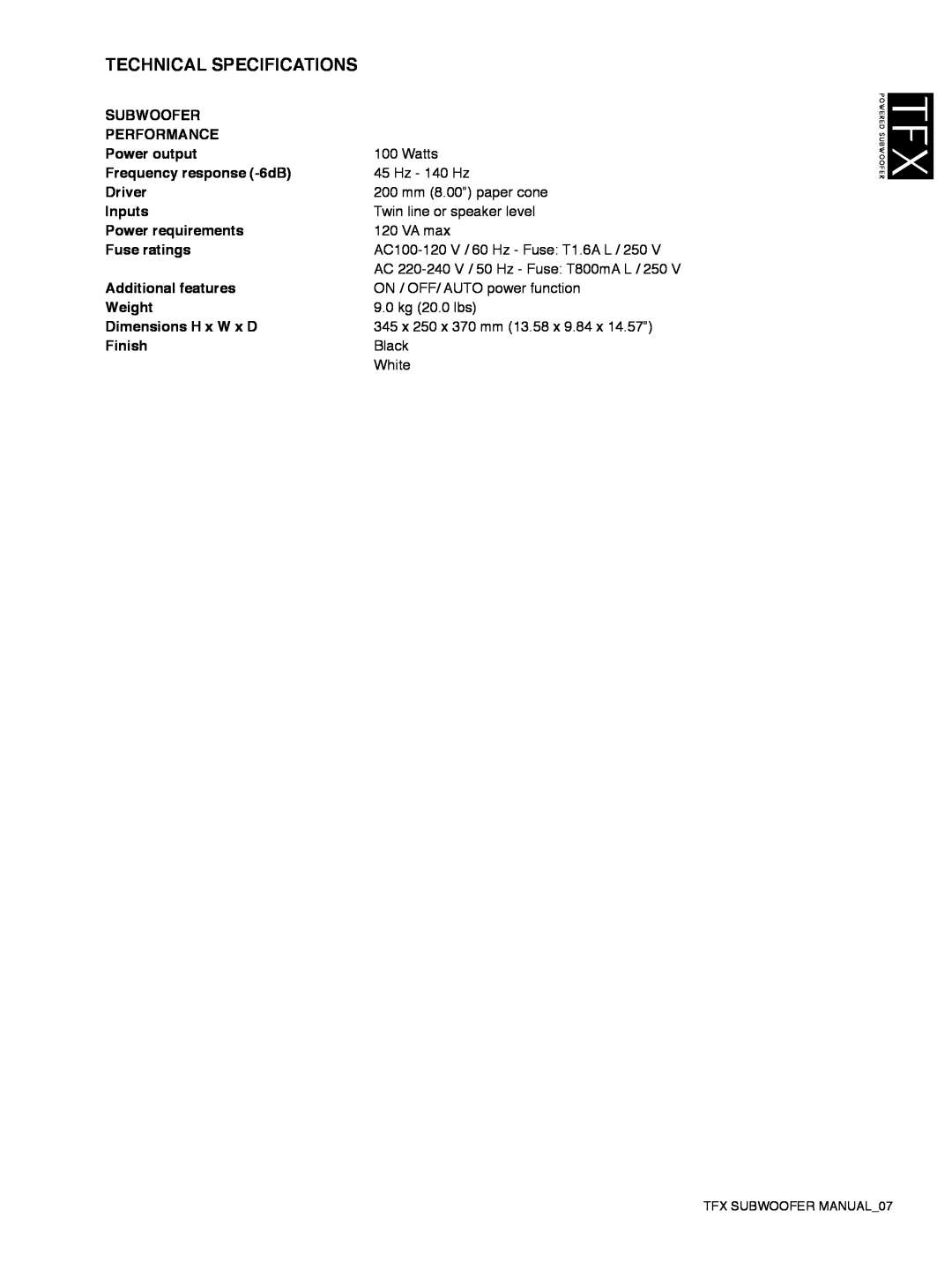Tannoy TFX Powerd Subwoofer owner manual Technical Specifications 