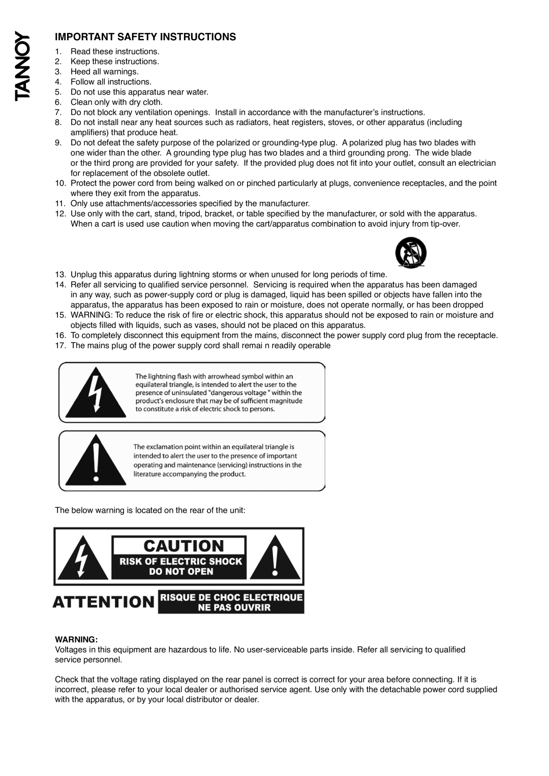 Tannoy TS Sub owner manual Important Safety Instructions 