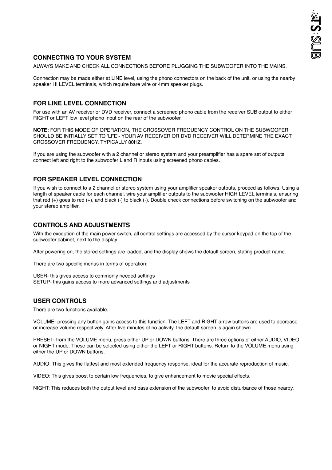 Tannoy TS Sub Connecting to Your System, For Line Level Connection, For Speaker Level Connection, Controls and Adjustments 
