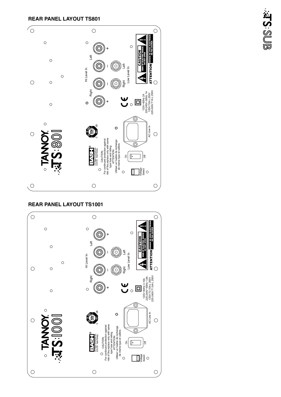 Tannoy TS Sub owner manual Rear Panel Layout TS1001, Rear Panel Layout TS801 