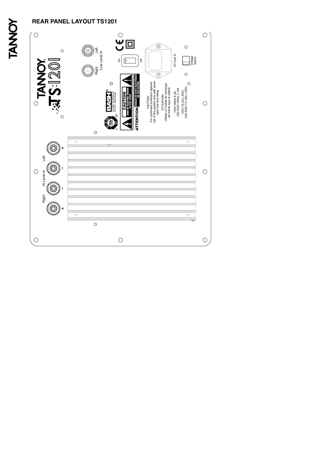 Tannoy TS Sub owner manual Rear Panel Layout TS1201, Right Hi Level In Left Low Level 