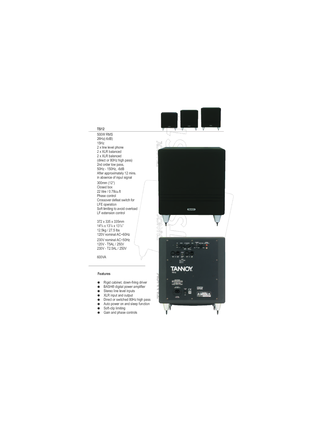 Tannoy TS12 manual Features 