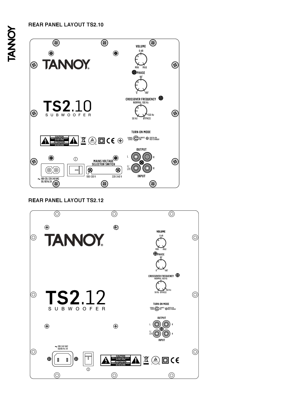 Tannoy owner manual Rear Panel Layout TS2.10 Rear Panel Layout TS2.12 