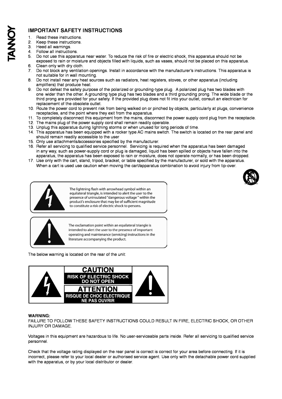 Tannoy TS2 owner manual Important Safety Instructions 