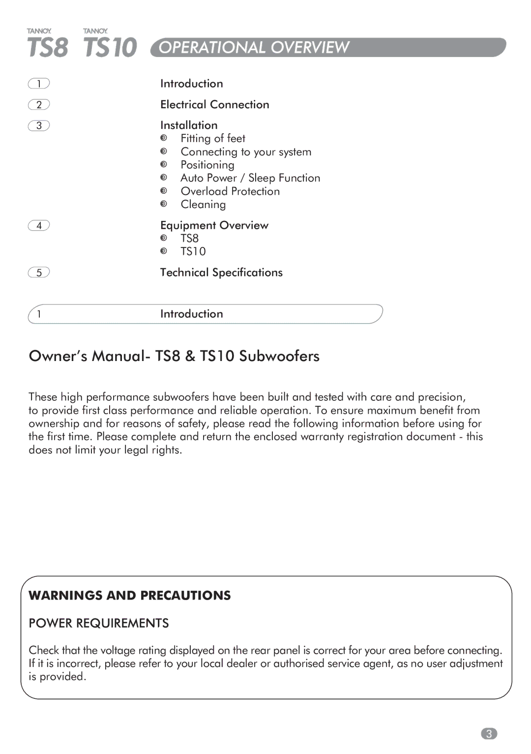 Tannoy TS8, TS10 manual Operational Overview 