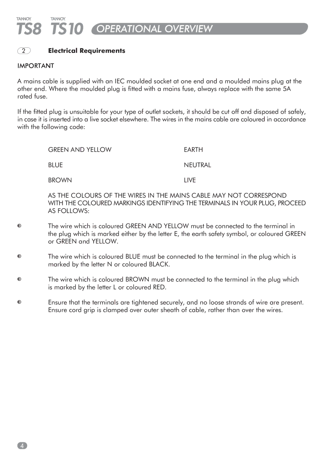 Tannoy TS10, TS8 manual Electrical Requirements, Green and Yellow Earth Blue 