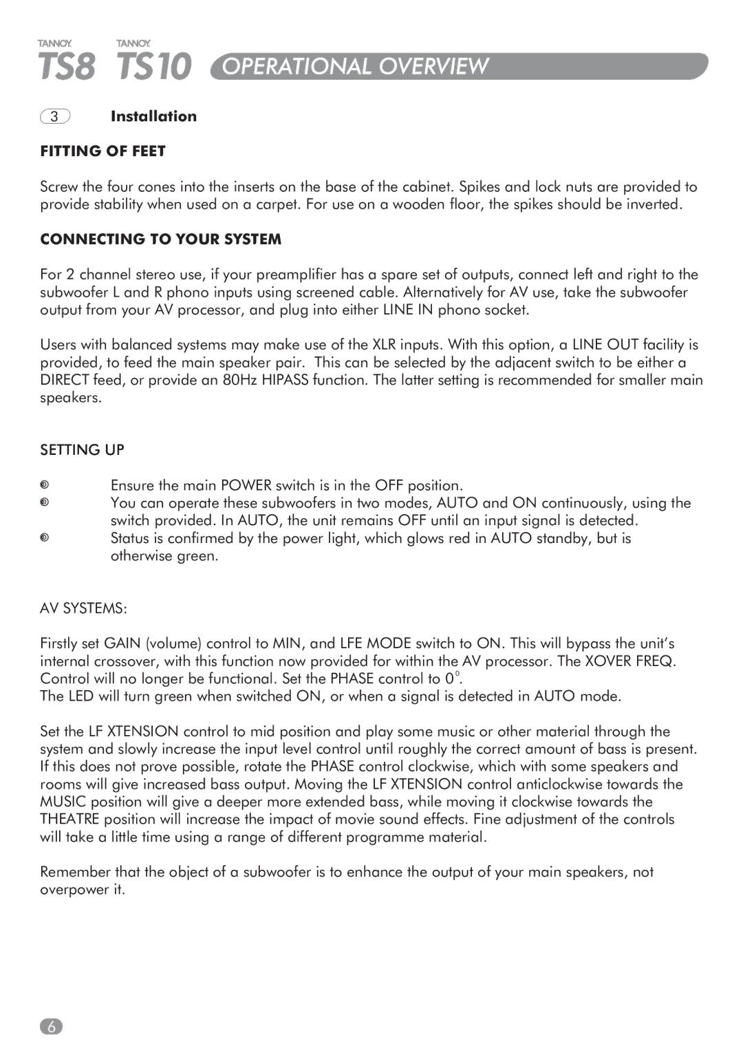Tannoy TS10, TS8 manual Setting UP, AV Systems 
