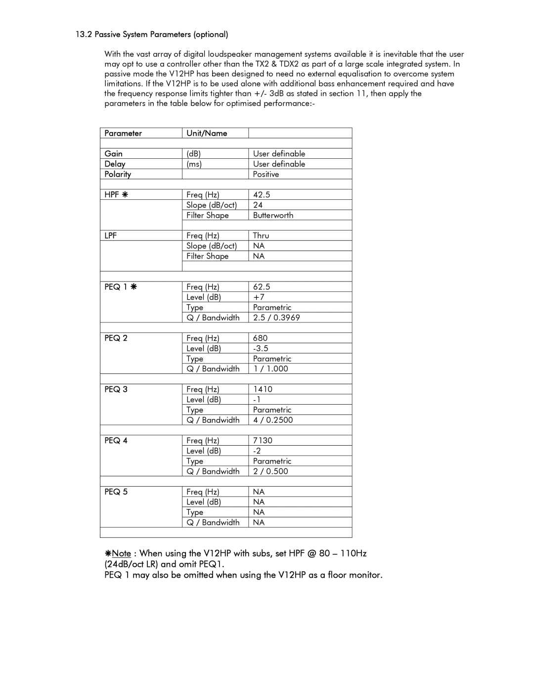 Tannoy V12 HP user manual Passive System Parameters optional, Parameter Unit/Name Gain, Delay, Polarity, PEQ 1 Ä 