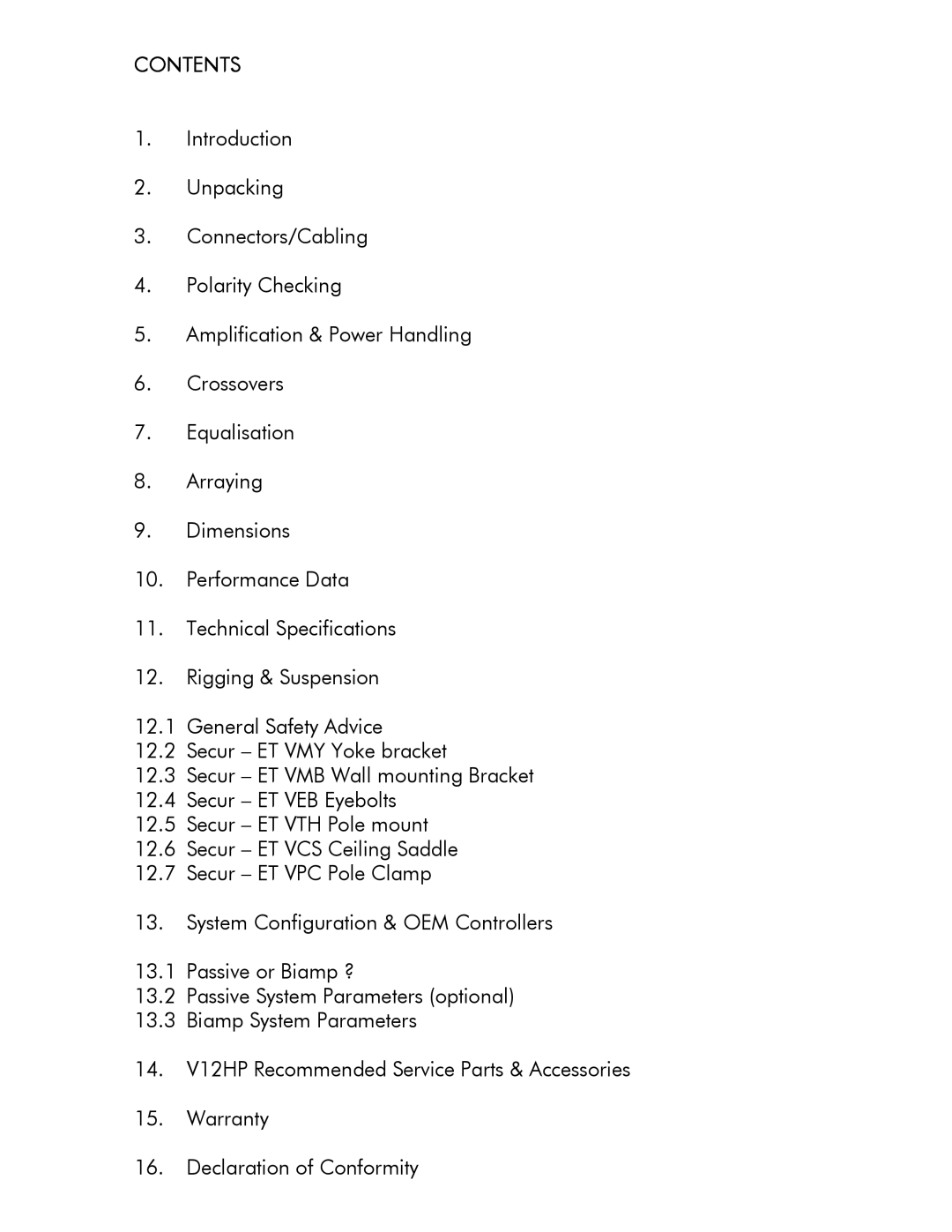 Tannoy V12 HP user manual Contents 