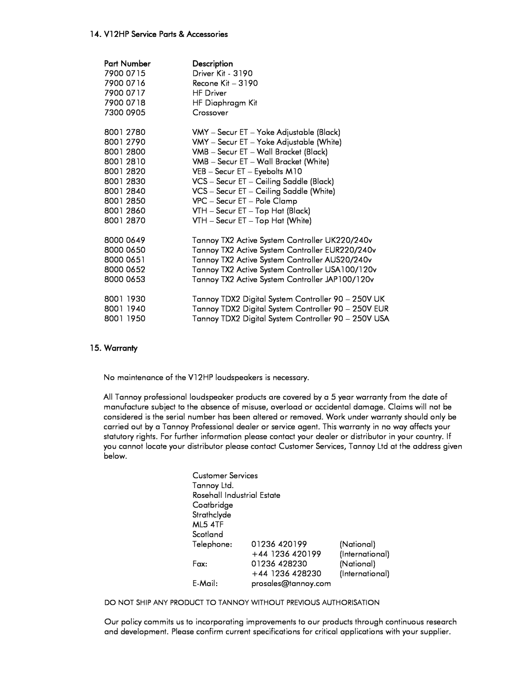 Tannoy V12 HP user manual 14. V12HP Service Parts & Accessories, Part Number, Description, Warranty 