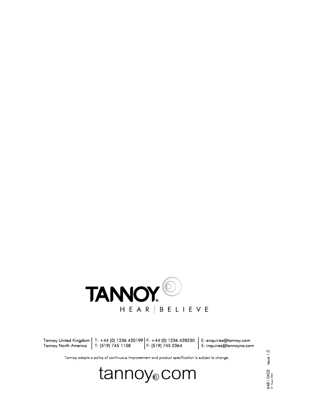 Tannoy V12 HP user manual Tannoy United Kingdom, T +44, F +44, Tannoy North America, 6481 0403 Issue, GH August 