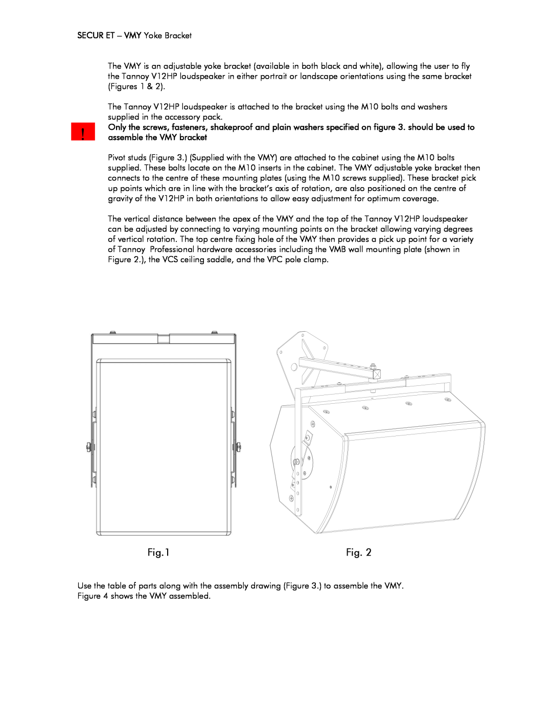 Tannoy V12 HP user manual SECUR ET - VMY Yoke Bracket 