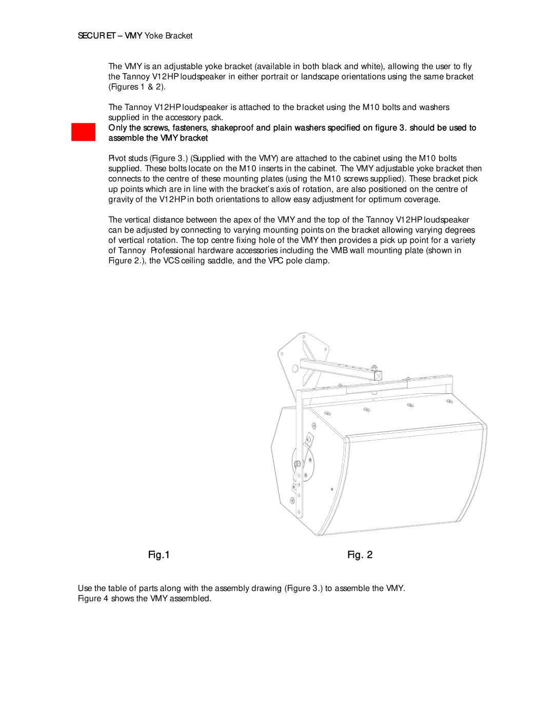 Tannoy V12HP user manual Secur ET VMY Yoke Bracket 