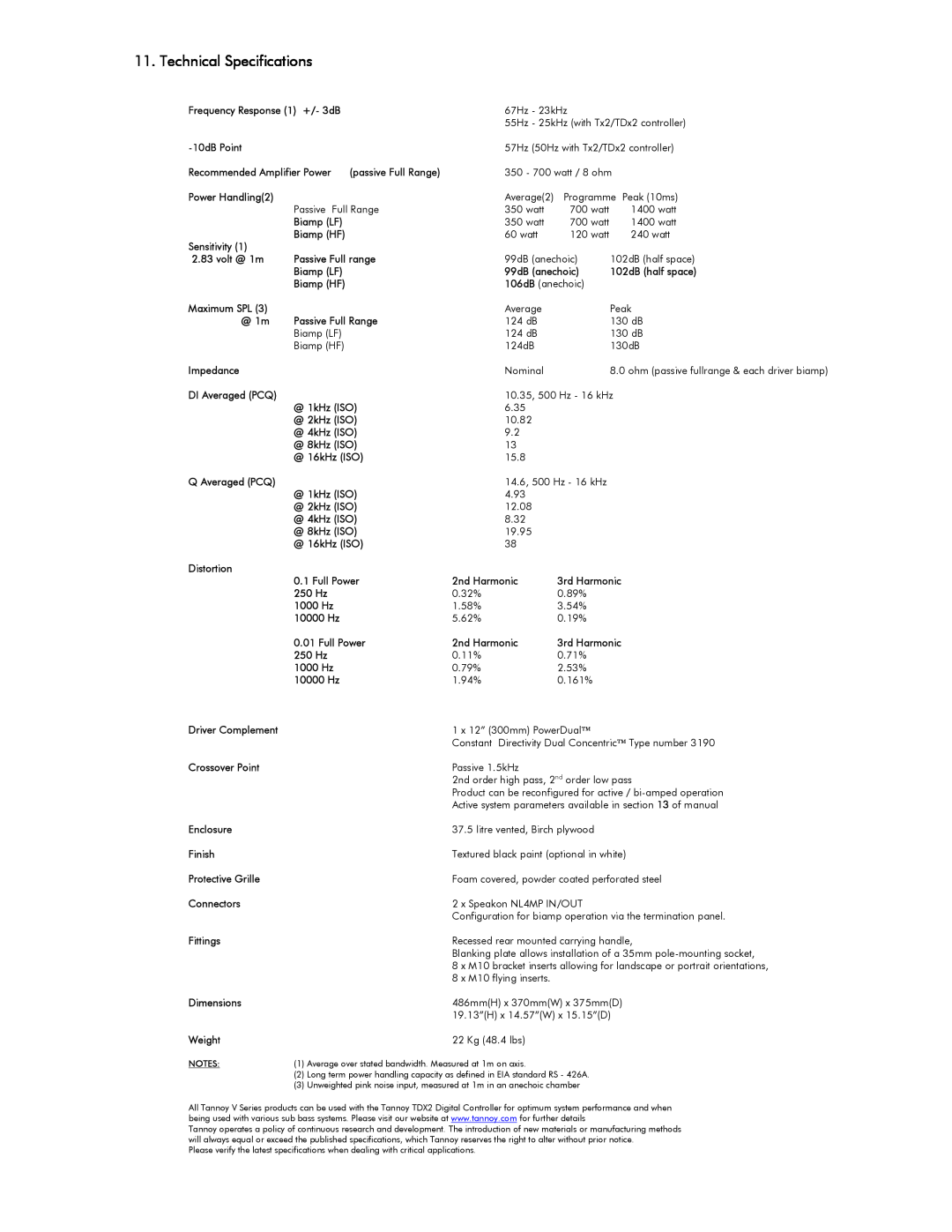 Tannoy V12HP user manual Technical Specifications 