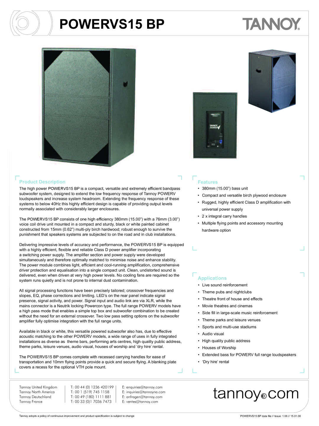 Tannoy VS15 BP manual Features, Applications 