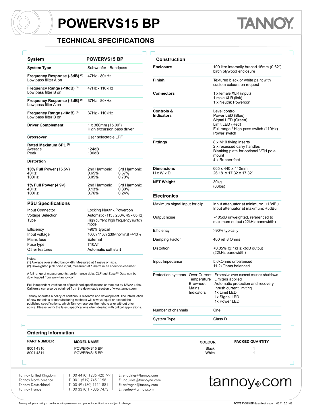 Tannoy manual Technical Specifications, POWERVS15 BP 