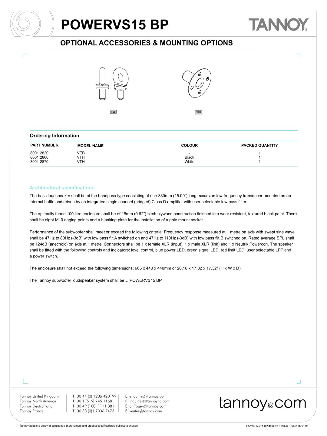 Tannoy VS15 BP manual Optional Accessories & Mounting Options, Architectural specifications 