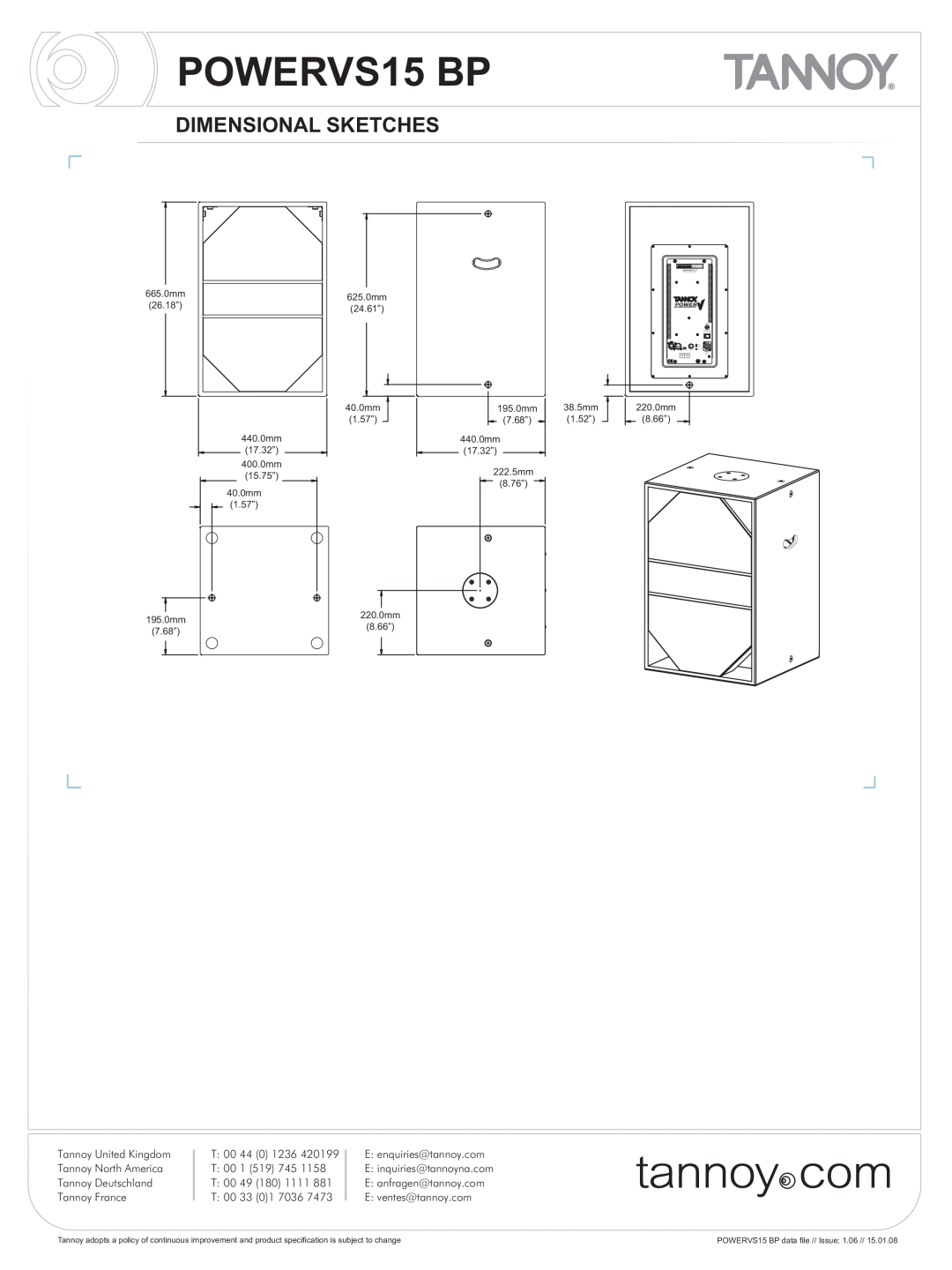 Tannoy manual Dimensional Sketches, POWERVS15 BP 