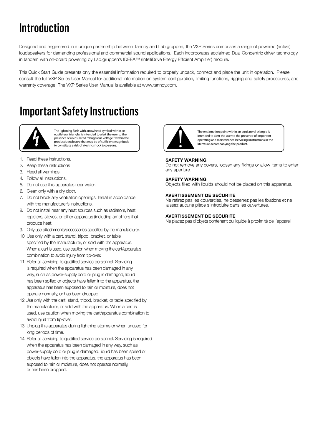 Tannoy VXPSERIES quick start Introduction, Important Safety Instructions 