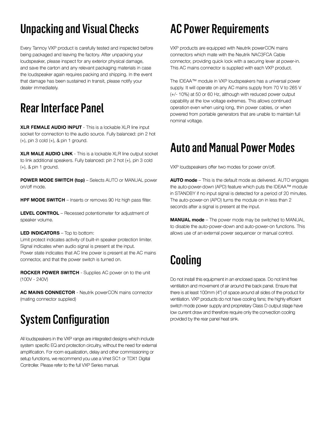 Tannoy VXPSERIES quick start Rear Interface Panel, System Configuration, AC Power Requirements, Cooling 