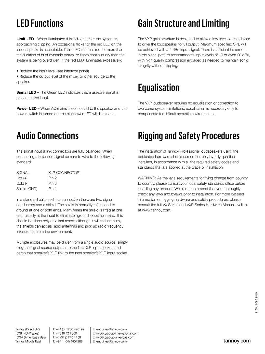 Tannoy VXPSERIES quick start LED Functions, Gain Structure and Limiting, Equalisation, Audio Connections 