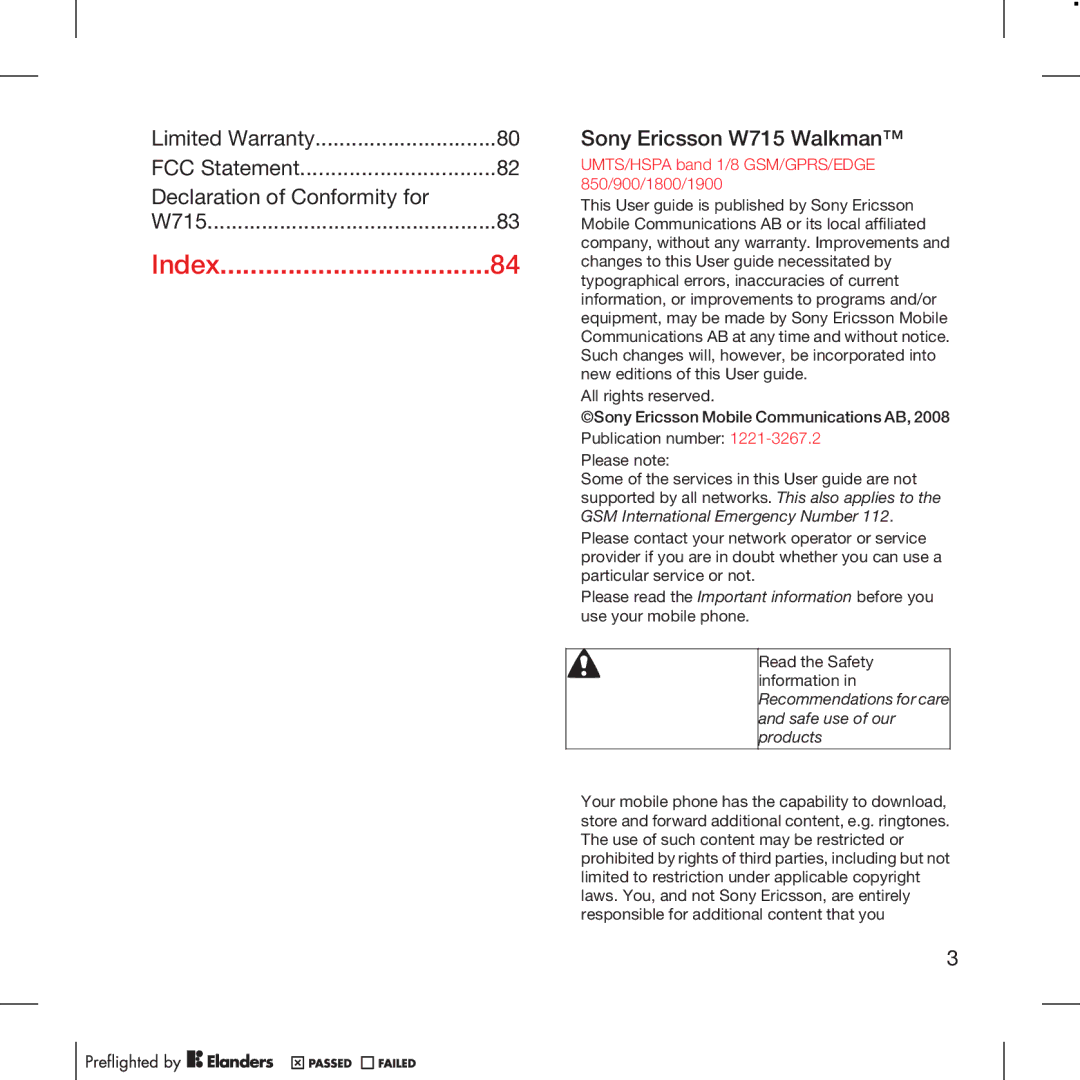 Tannoy manual Index, FCC Statement Declaration of Conformity for, Sony Ericsson W715 Walkman 