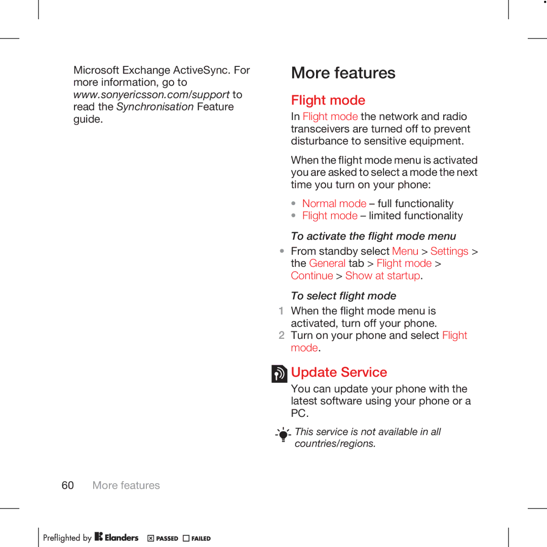 Tannoy W715 manual More features, Flight mode, Update Service, To activate the flight mode menu, To select flight mode 