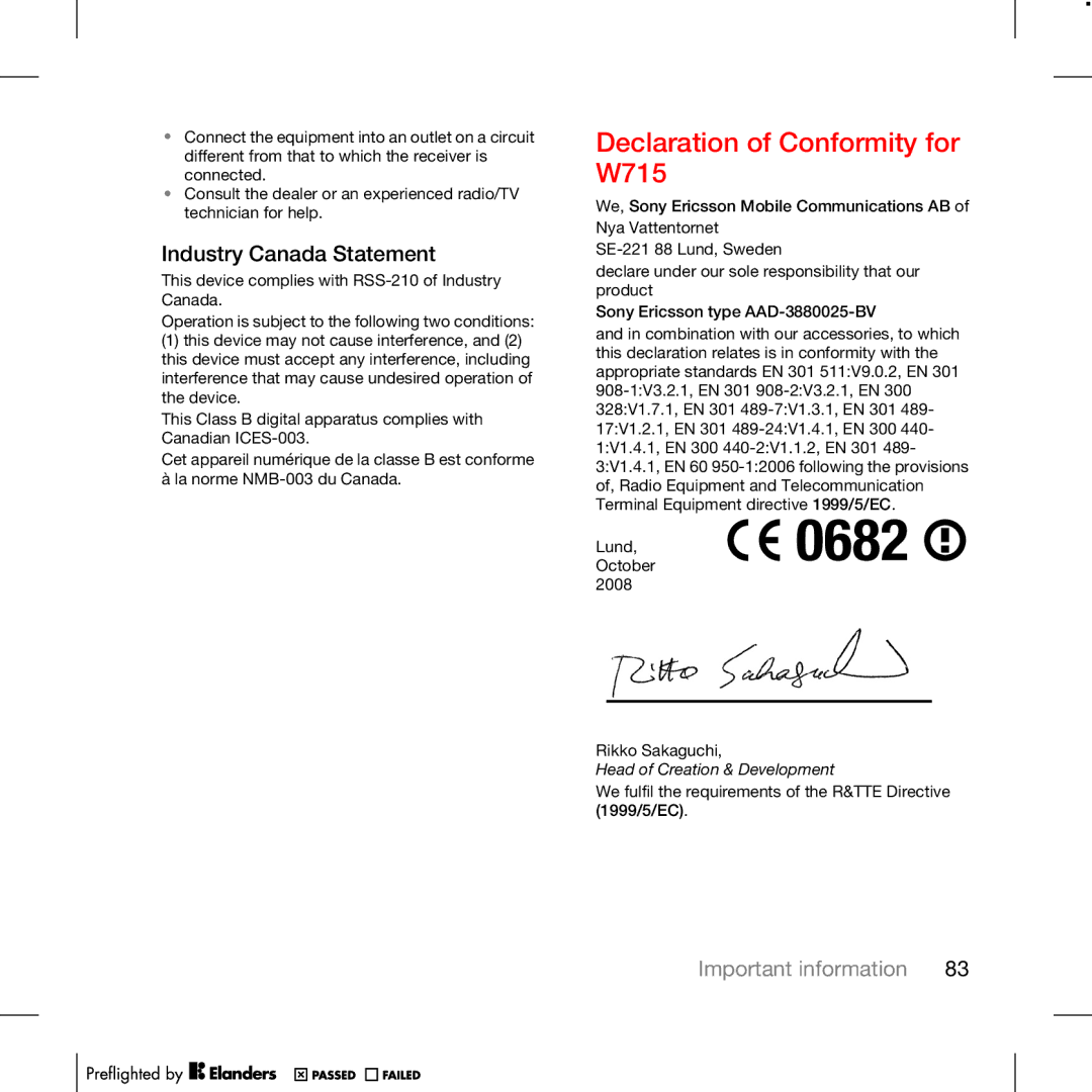 Tannoy manual Declaration of Conformity for W715, Industry Canada Statement 