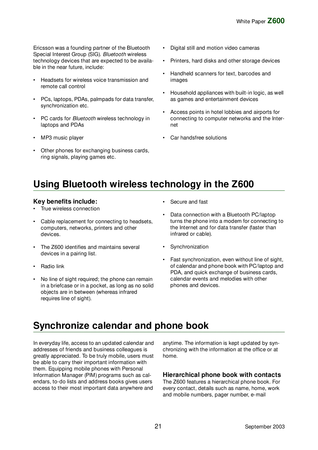 Tannoy manual Using Bluetooth wireless technology in the Z600, Synchronize calendar and phone book, Key benefits include 