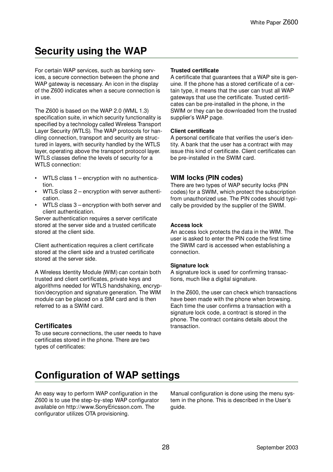 Tannoy Z600 manual Security using the WAP, Configuration of WAP settings, Certificates, WIM locks PIN codes 