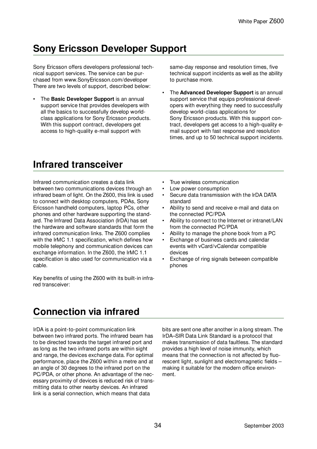 Tannoy Z600 manual Sony Ericsson Developer Support, Infrared transceiver, Connection via infrared 