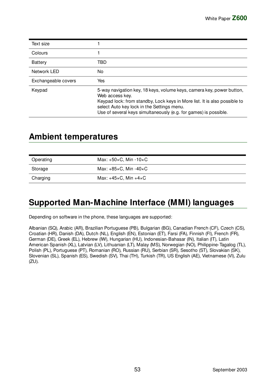 Tannoy Z600 manual Ambient temperatures, Supported Man-Machine Interface MMI languages 