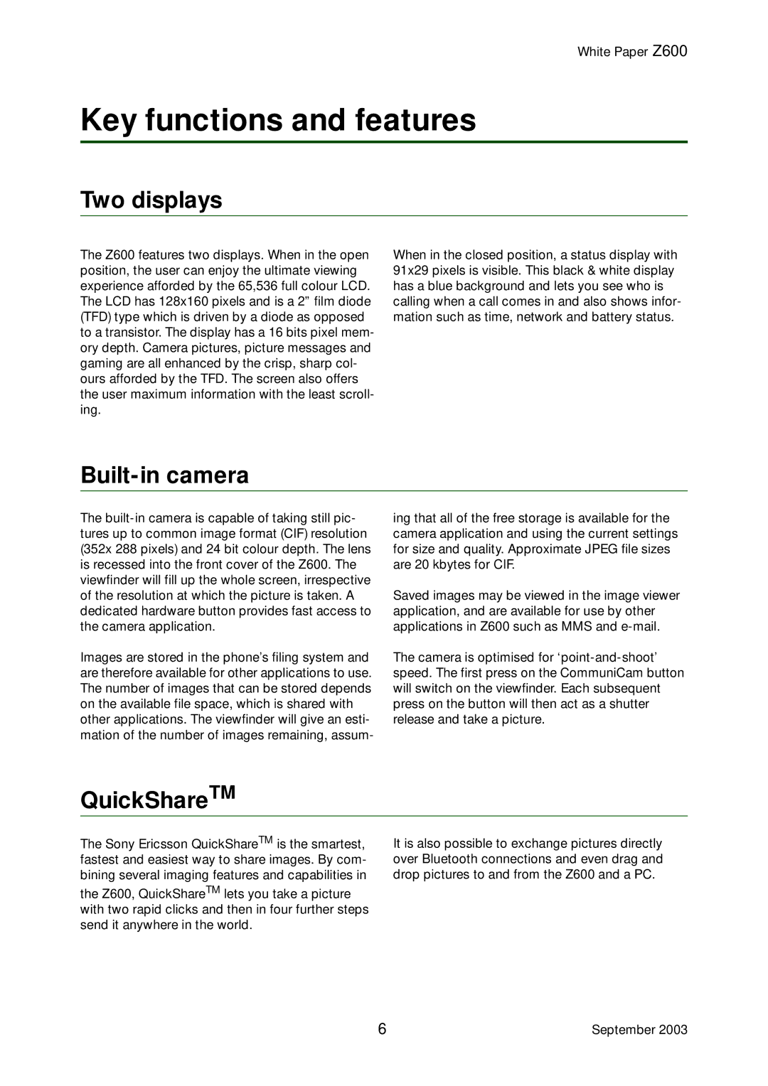 Tannoy Z600 manual Two displays, Built-in camera, QuickShareTM 