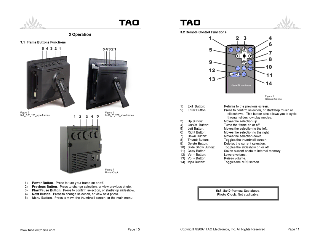 TAO 83000, 83003, 89360, 90010, 89369, 90000 manual Operation, Frame Buttons Functions 