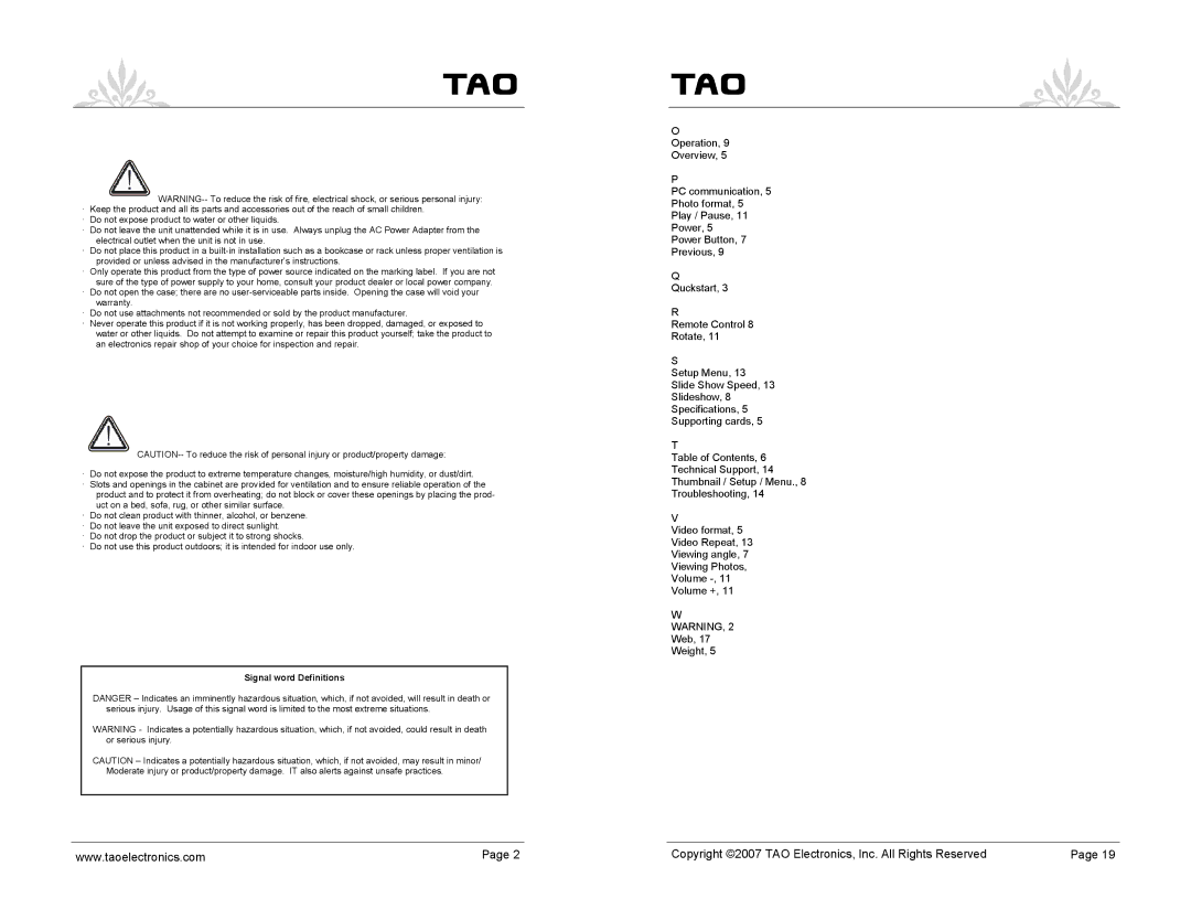 TAO 90010, 83003, 89360, 89369, 83000, 90000 manual Copyright 2007 TAO Electronics, Inc. All Rights Reserved 