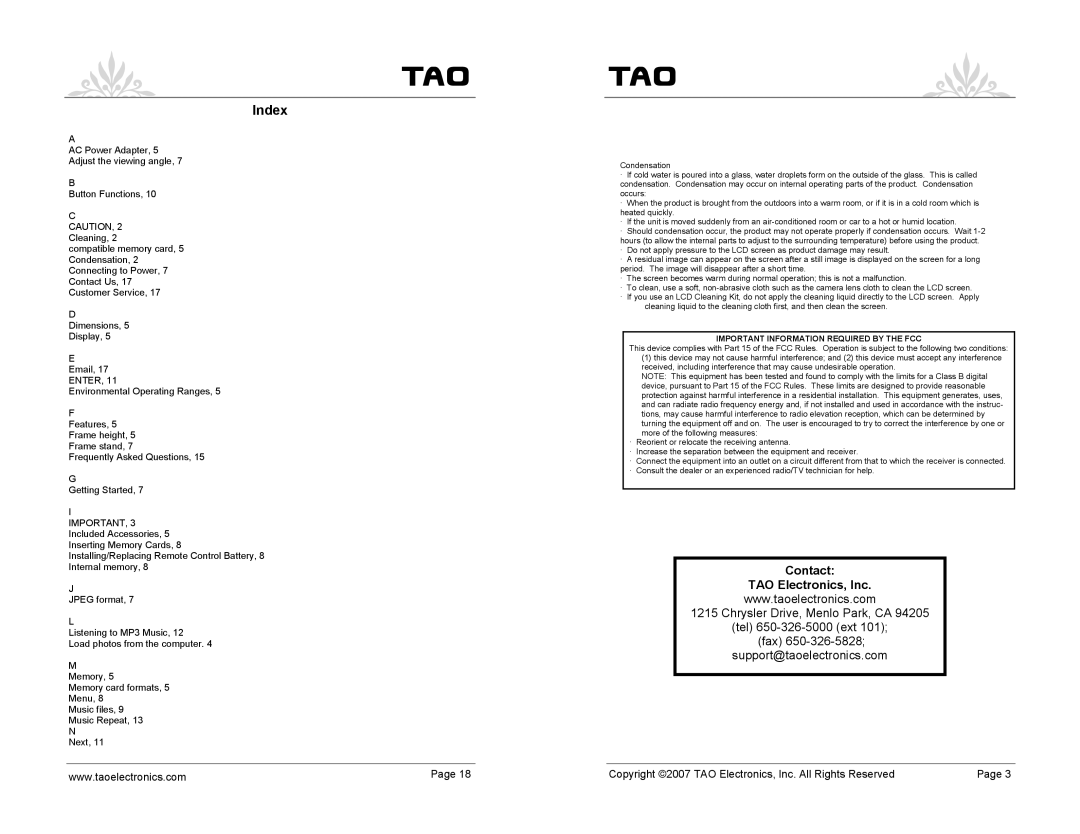 TAO 89369, 83003, 89360, 90010, 83000, 90000 manual Index, Contact 