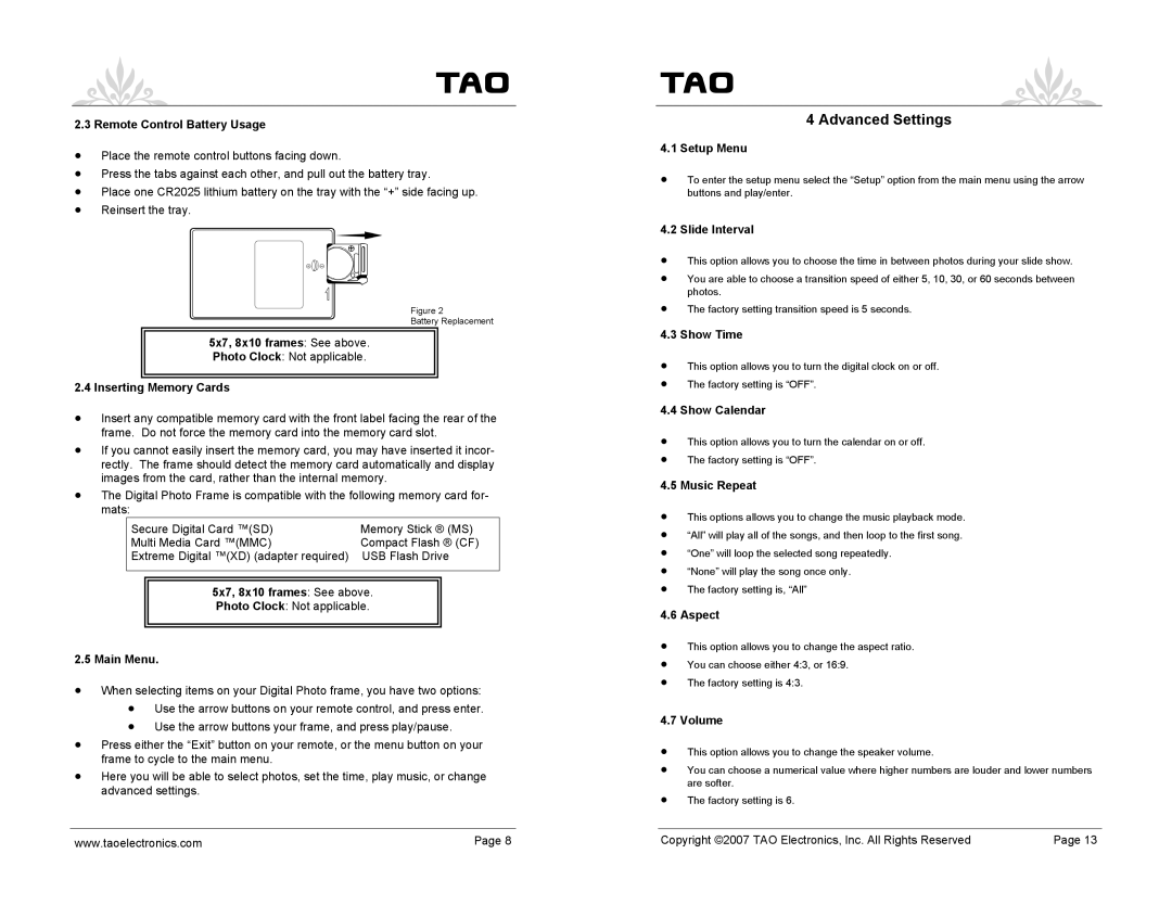 TAO 90010, 83003, 89360, 89369, 83000, 90000 manual Advanced Settings 