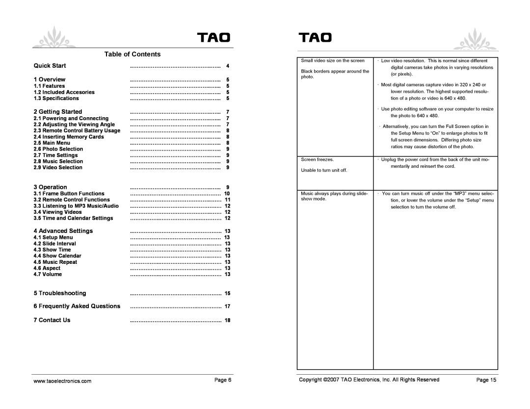 TAO 83003, 89360 Table of Contents, Quick Start, Overview, Getting Started, Operation, Advanced Settings, Troubleshooting 
