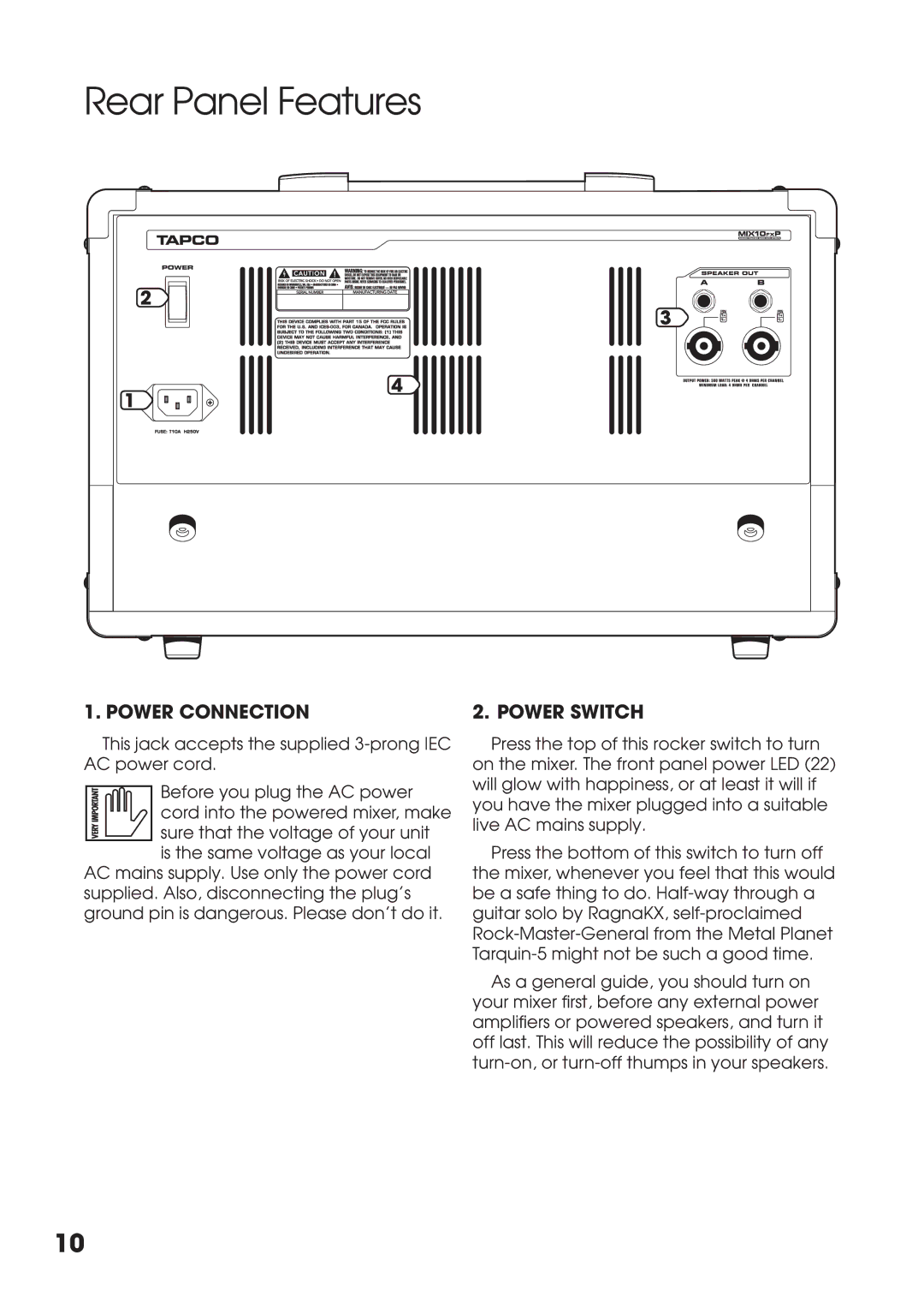 Tapco MIX10FXP manual Rear Panel Features, Power Connection, Power Switch 