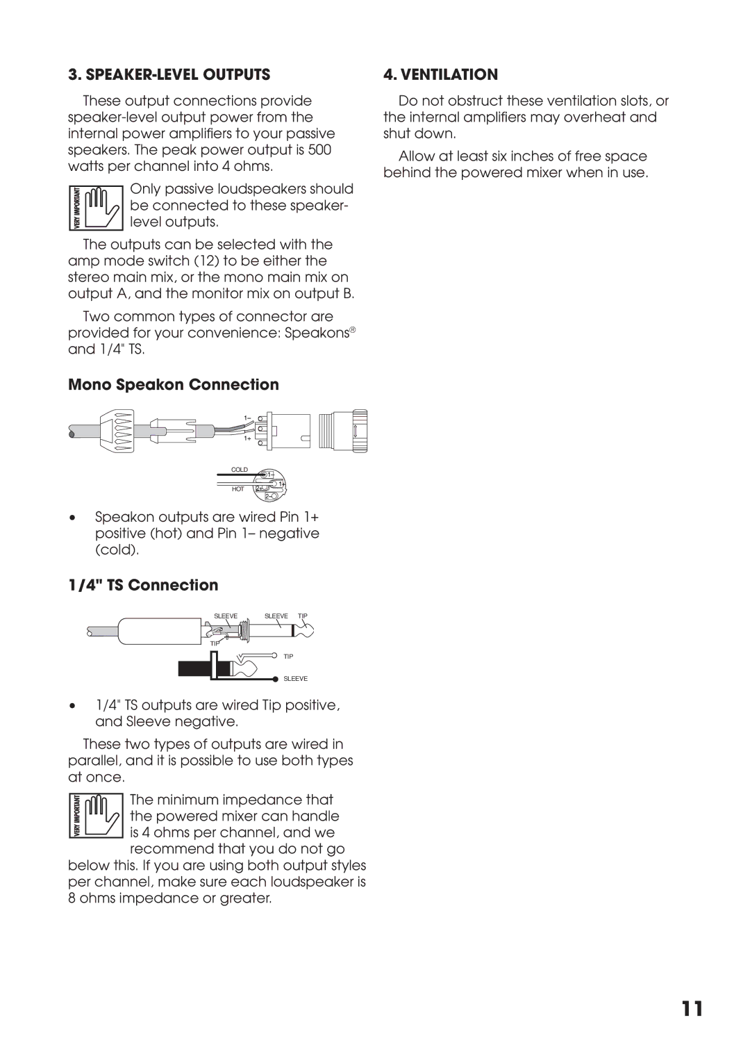 Tapco MIX10FXP manual SPEAKER-LEVEL Outputs, Mono Speakon Connection, Ventilation, TS Connection 