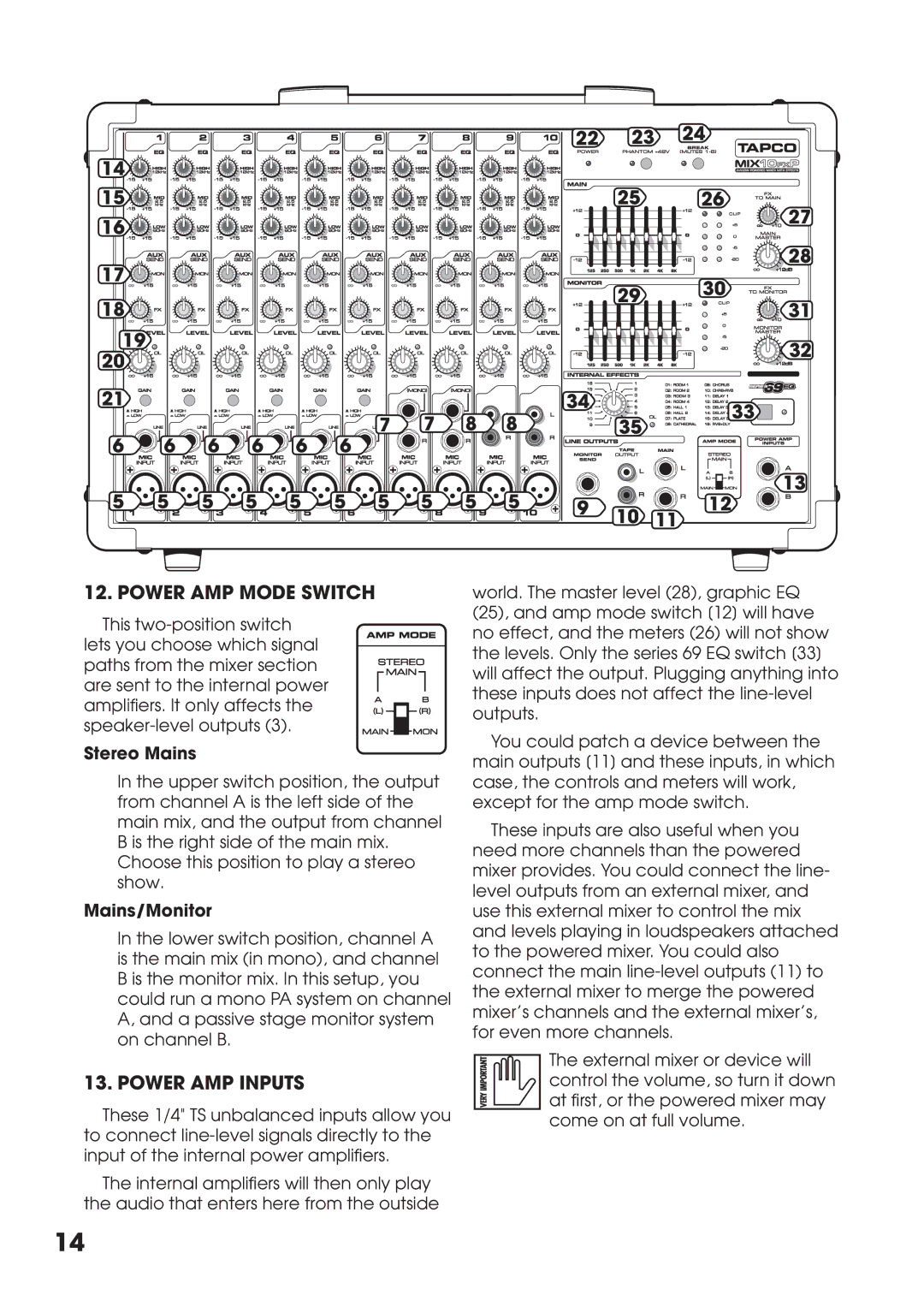 Tapco MIX10FXP manual Power AMP Mode Switch, Power AMP Inputs 