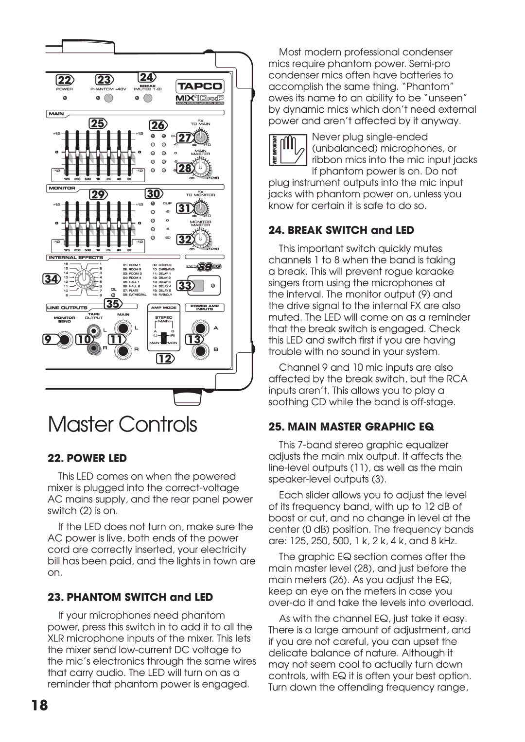 Tapco MIX10FXP manual Master Controls, Break Switch and LED, Power LED, Phantom Switch and LED, Main Master Graphic EQ 