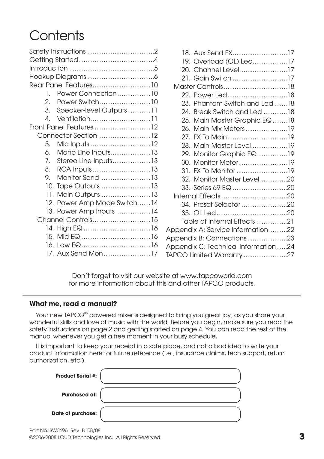 Tapco MIX10FXP manual Contents 