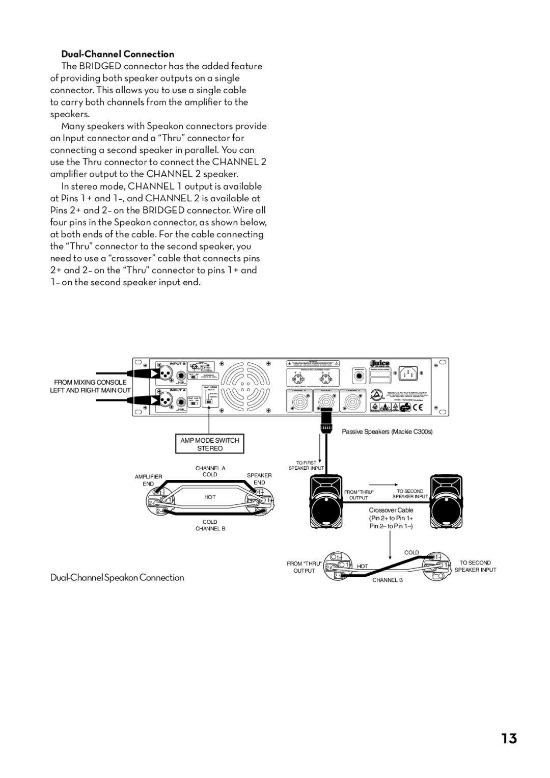 Tapco pmn manual Dual-Channel Connection, Dual-ChannelSpeakonConnection 