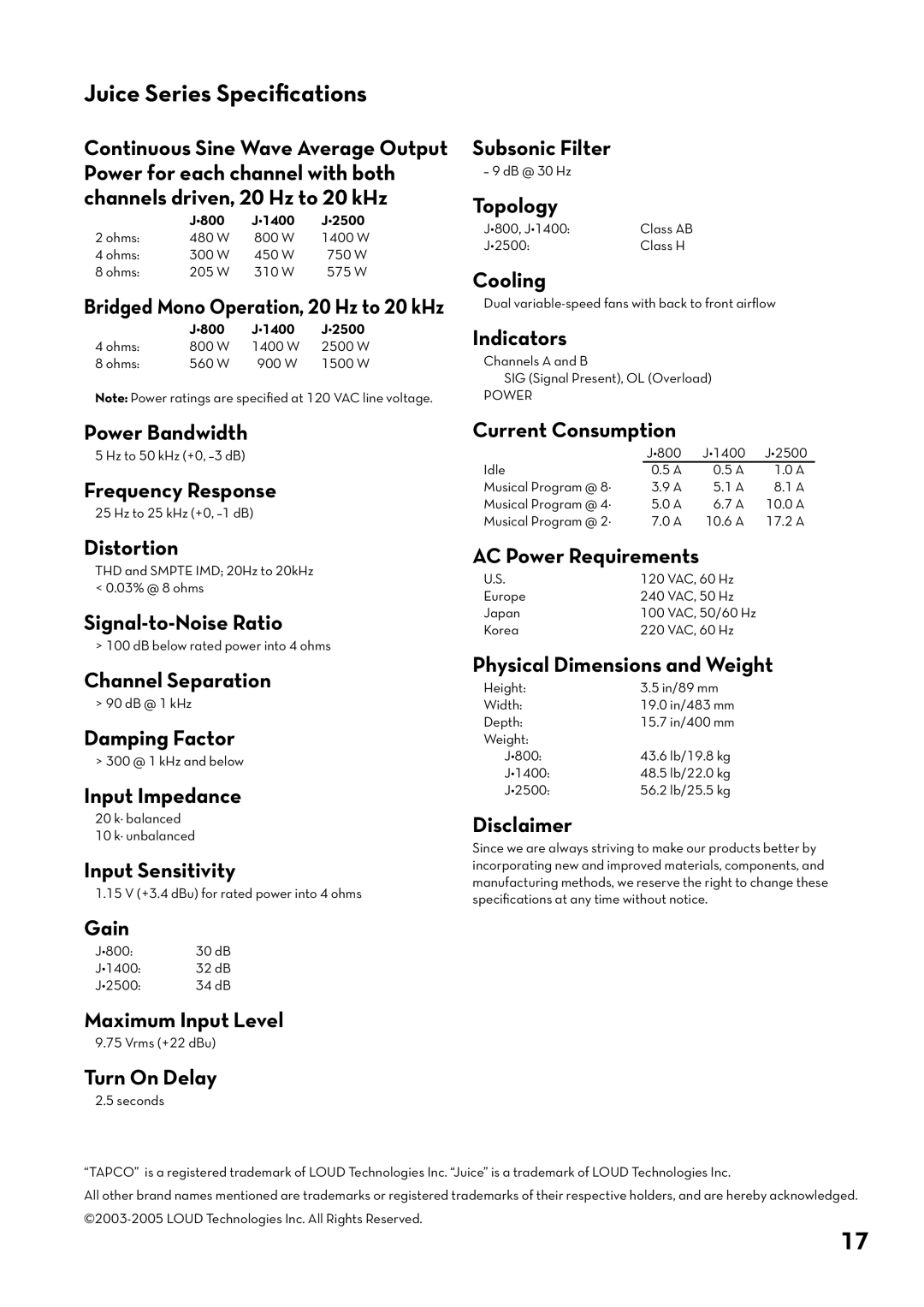 Tapco pmn manual Juice Series Speciﬁcations 