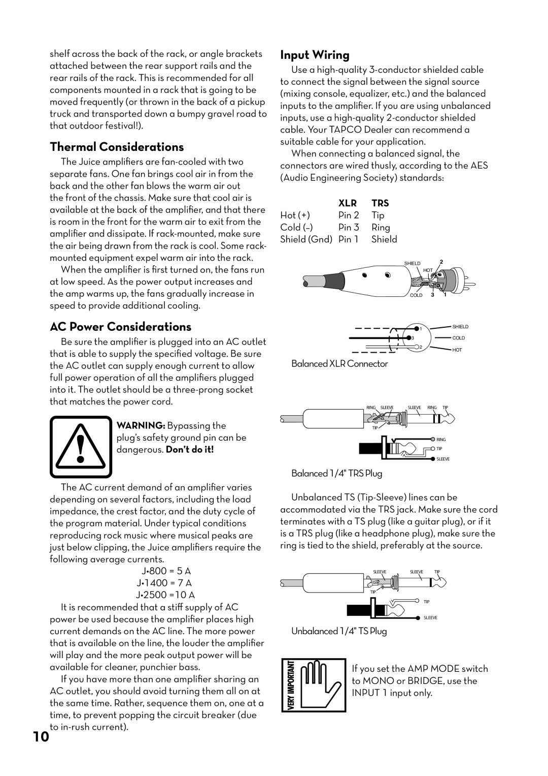 Tapco pmn manual Thermal Considerations, AC Power Considerations, Input Wiring 
