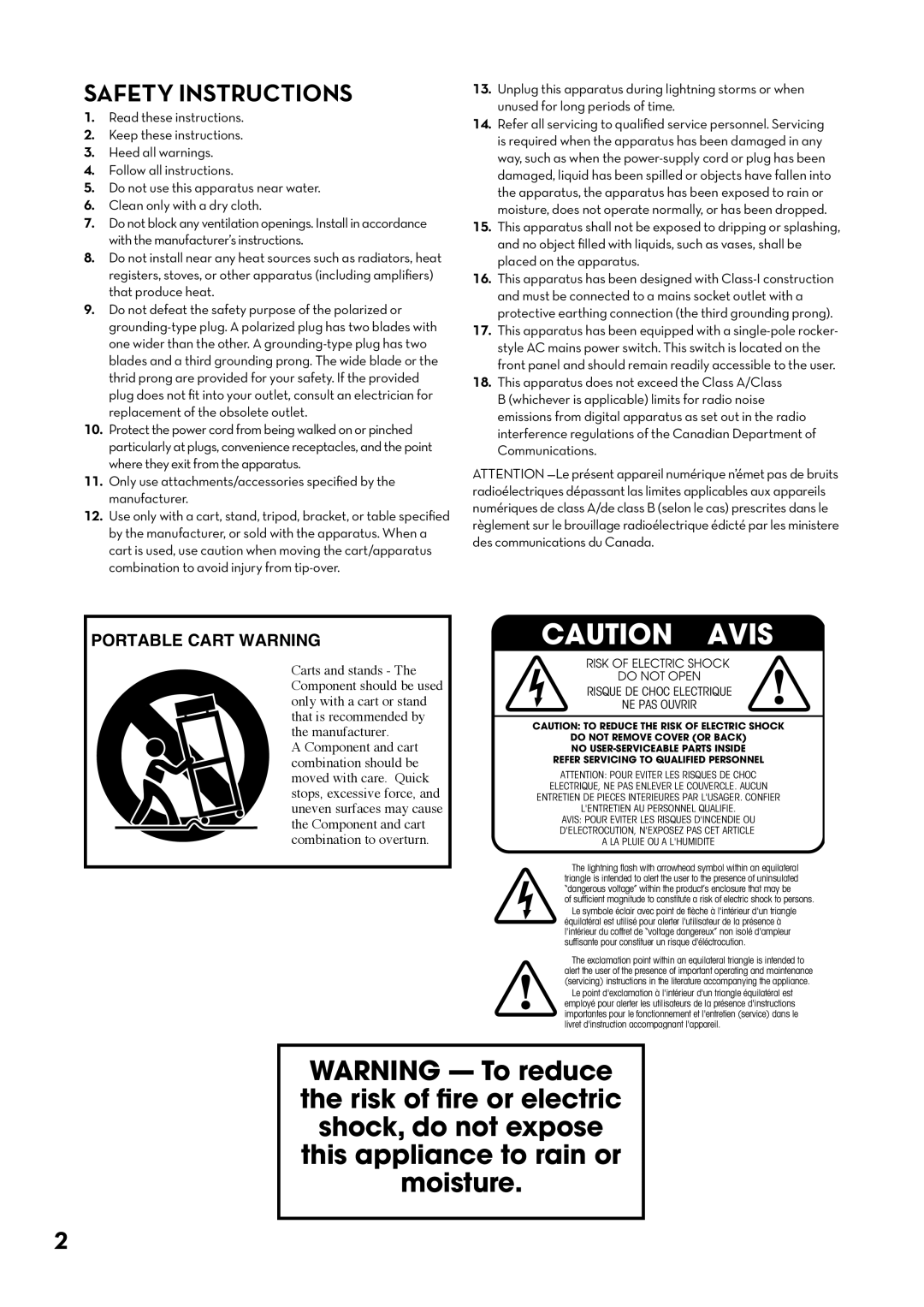 Tapco pmn manual Safety Instructions, Caution Avis, Portable Cart Warning 