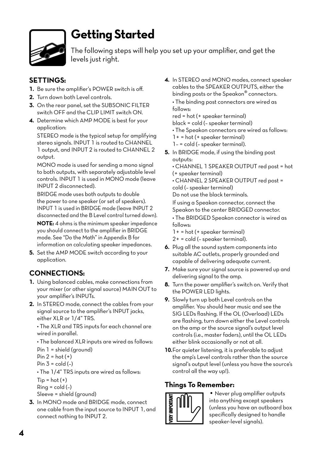 Tapco pmn manual Getting Started, Settings, Connections, Things To Remember 