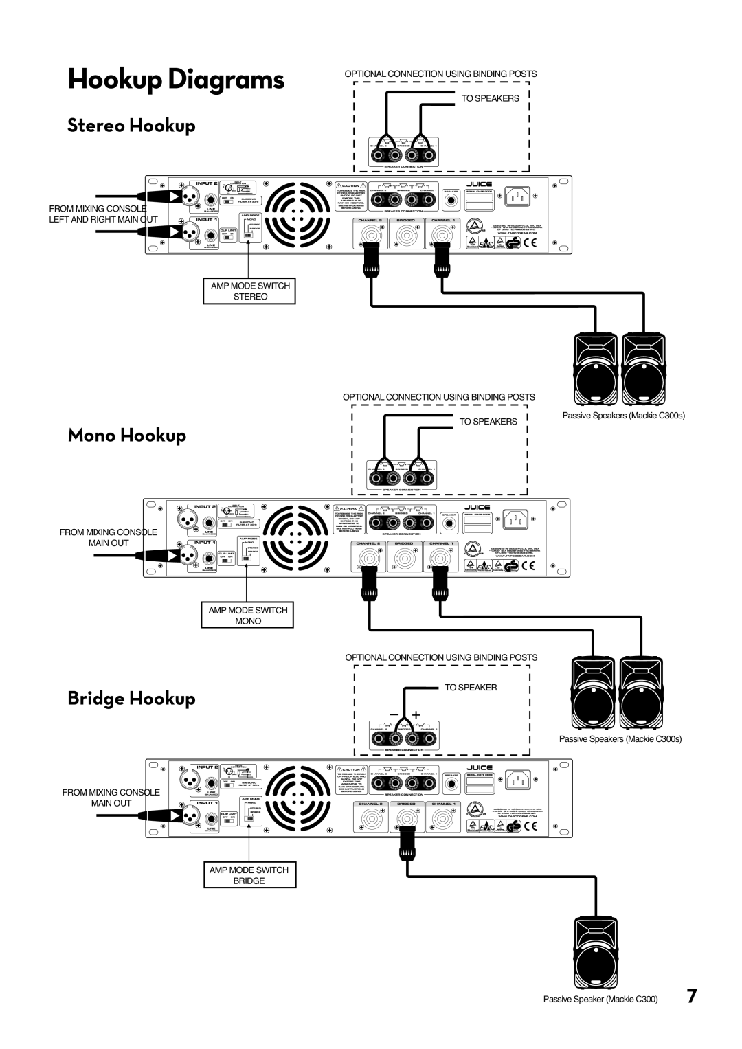 Tapco pmn manual Hookup Diagrams, Stereo Hookup, Mono Hookup, Bridge Hookup, From Mixing Console, Left And Right Main Out 